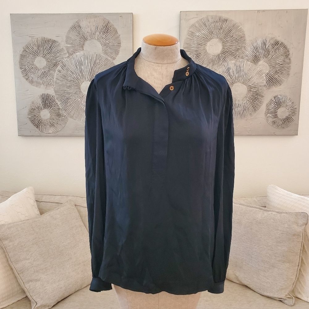 Tory Burch Silk Blend Pleated Mandarin Collar Black Blouse size 8